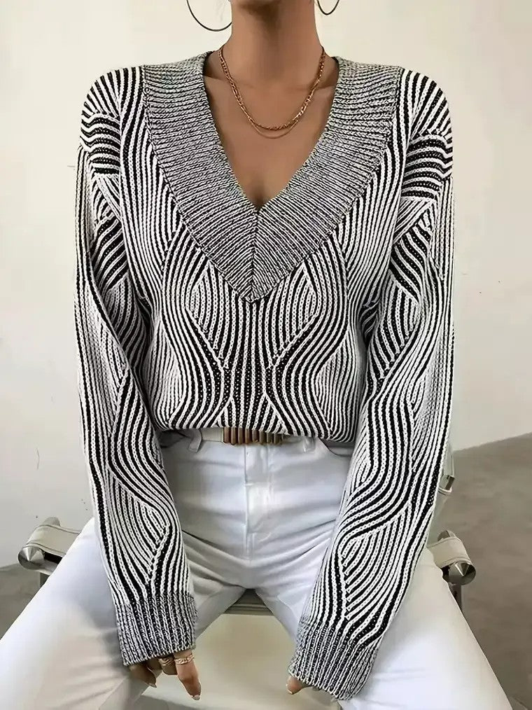 Women's Black and White V-Neck Striped Sweater