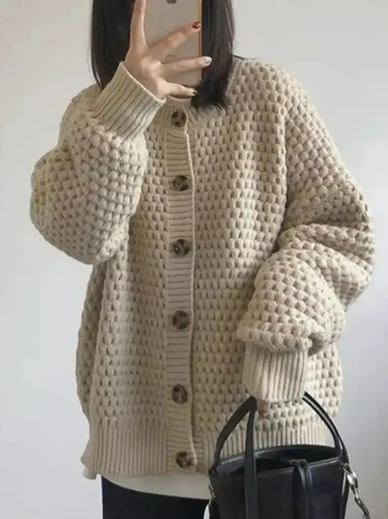 Women's Bobble Stitch Cardigan with Balloon Sleeves