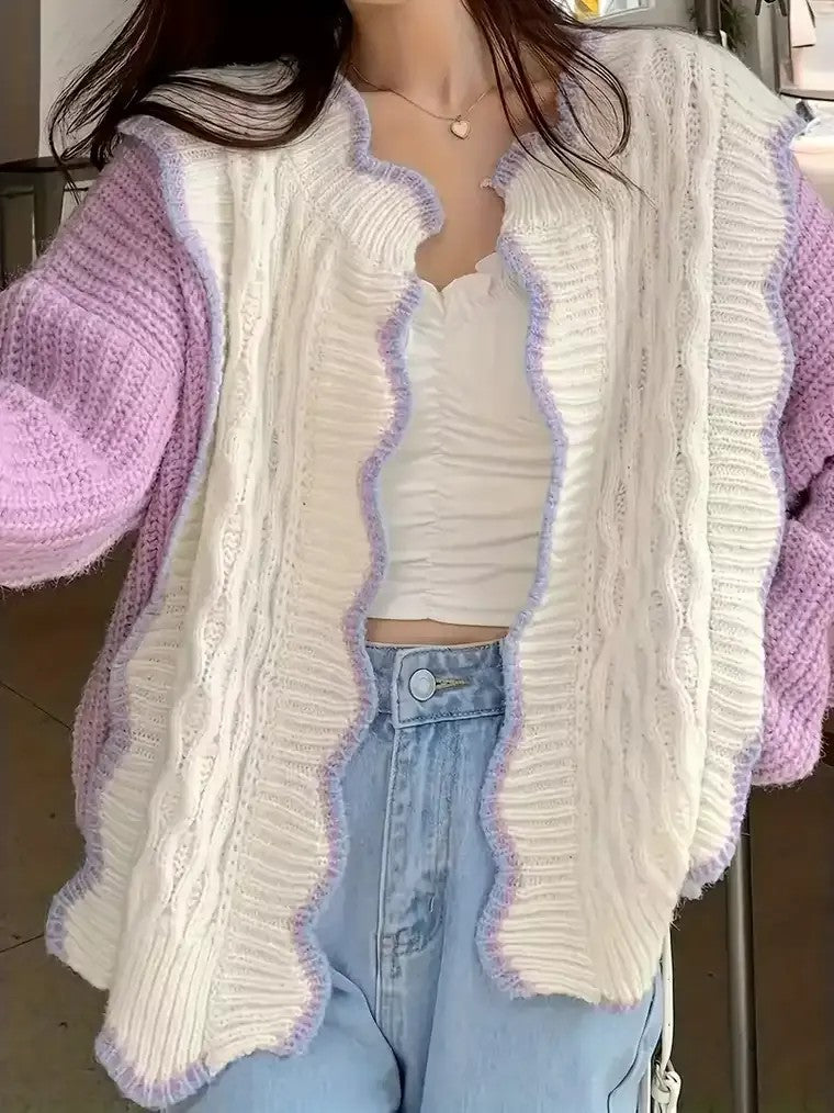 Women's Colour-Block Cardigan with Scalloped Trim