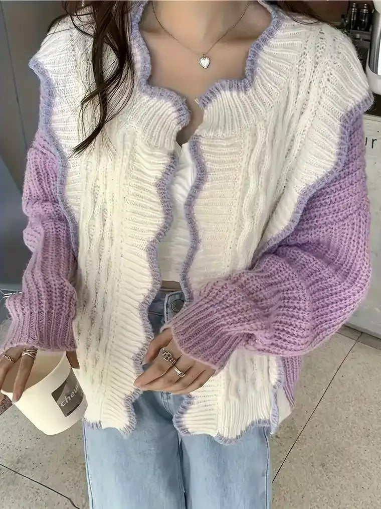 Women's Colour-Block Cardigan with Scalloped Trim