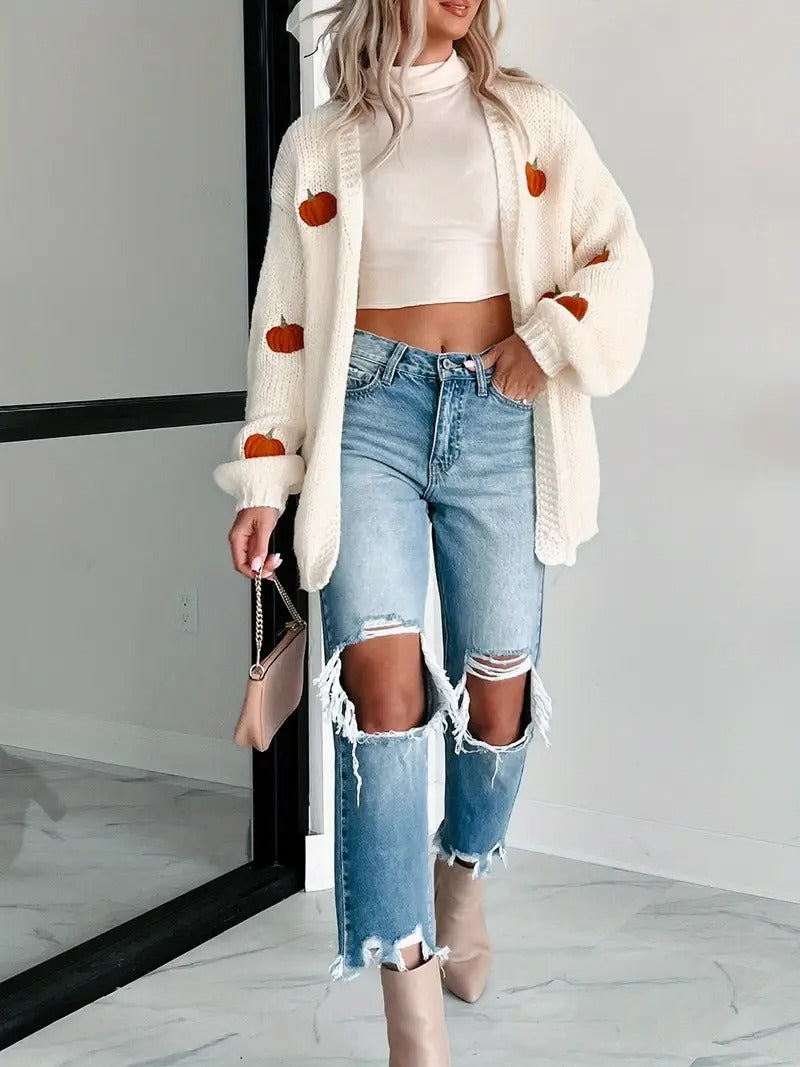 Women's Cream Embroidered Cardigan