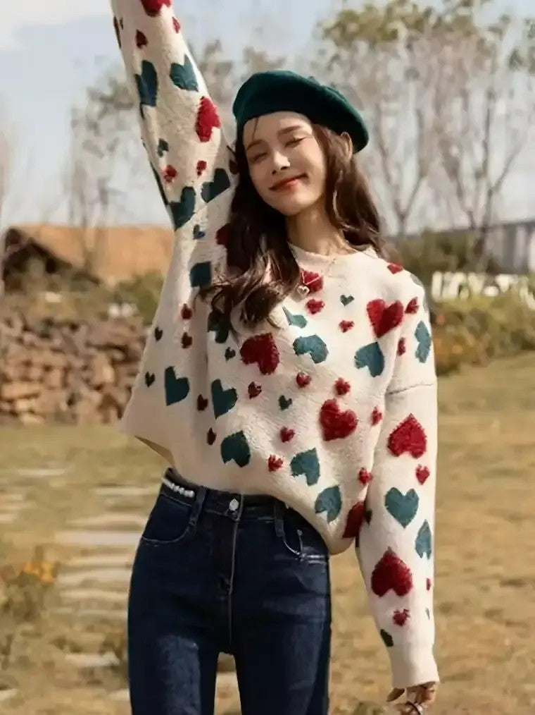 Women's Crew Neck Sweater with Textured Heart Pattern