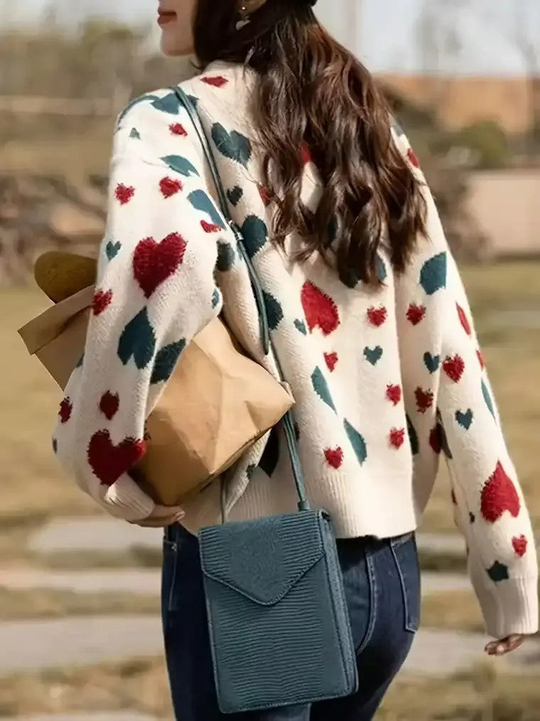 Women's Crew Neck Sweater with Textured Heart Pattern