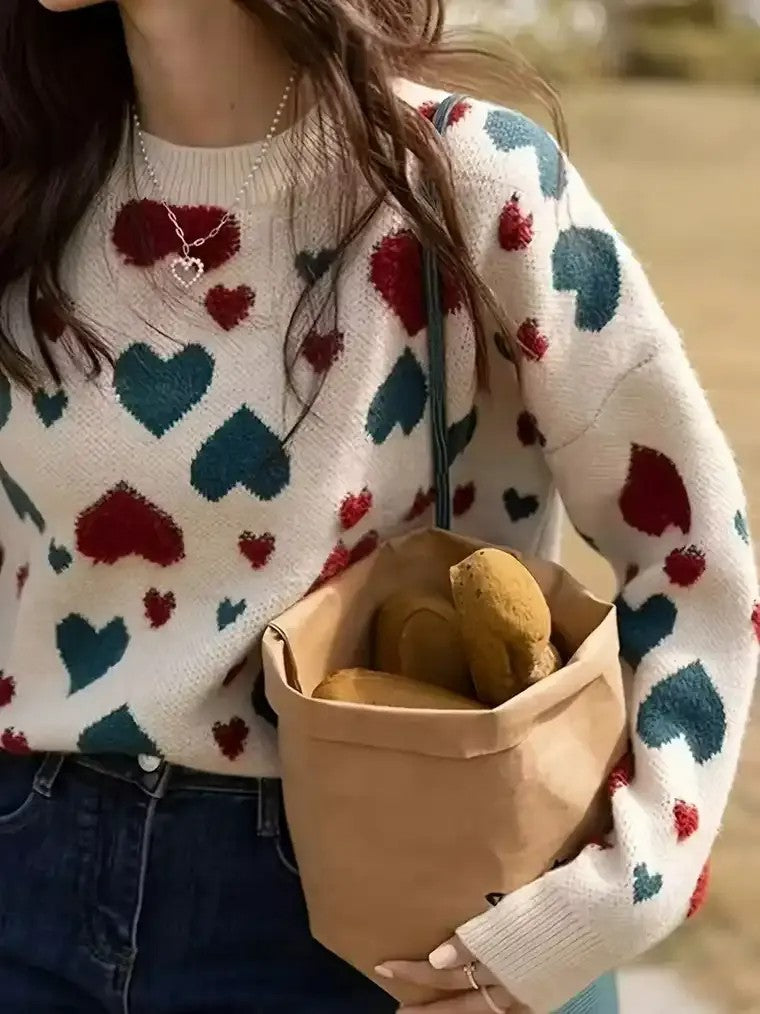 Women's Crew Neck Sweater with Textured Heart Pattern