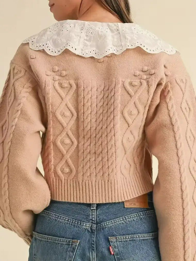 Women's Cropped Cable Knit Cardigan with Ribbon Bows