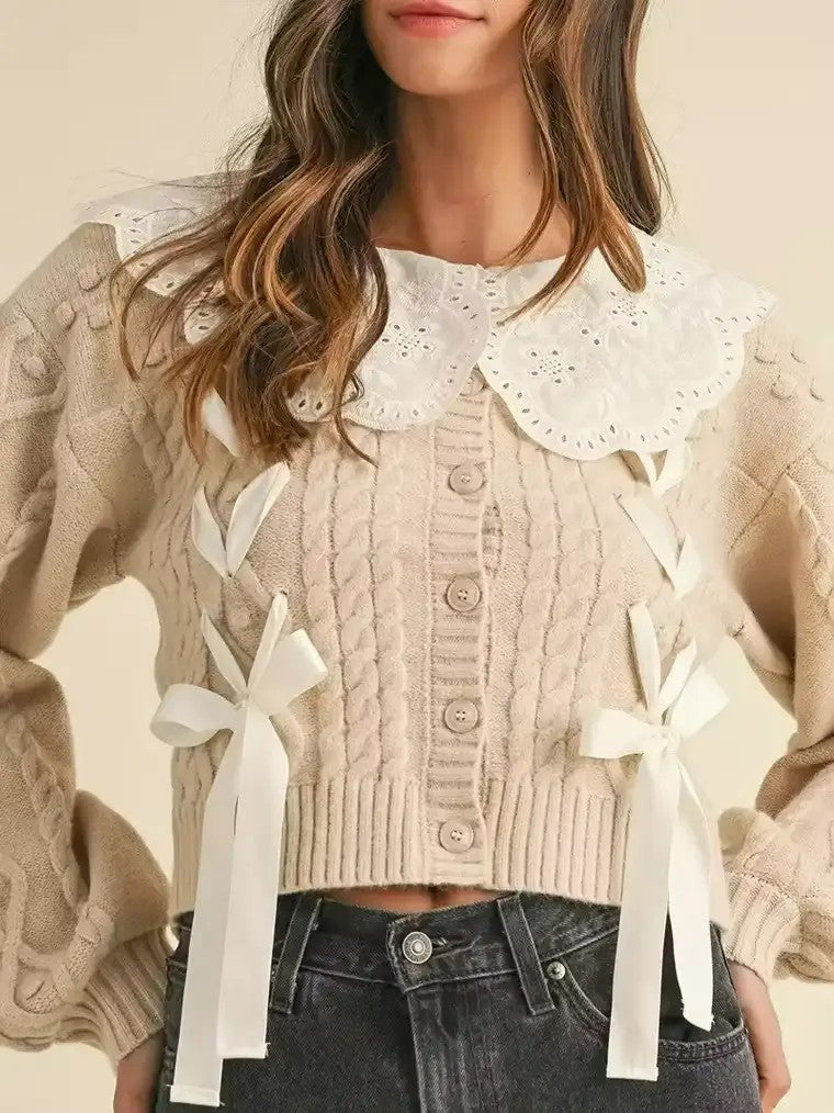 Women's Cropped Cable Knit Cardigan with Ribbon Bows