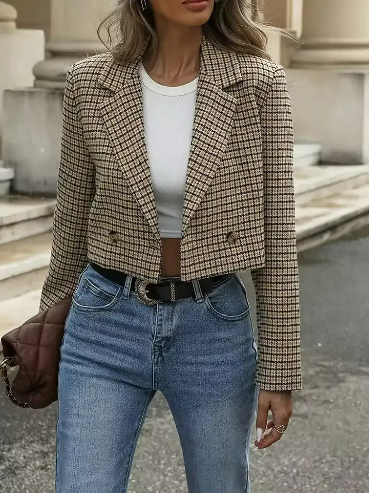 Women's Cropped Double-Breasted Plaid Blazer