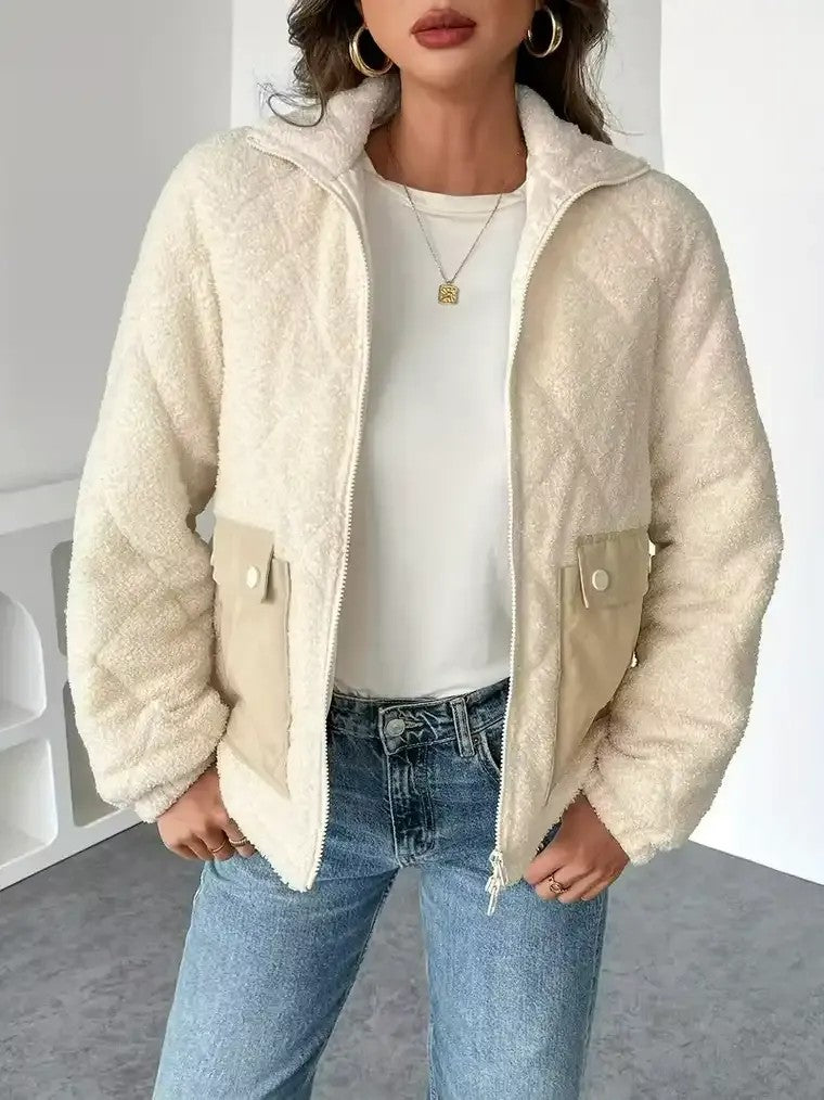 Women's High-Collar Teddy Jacket with Flap Pockets