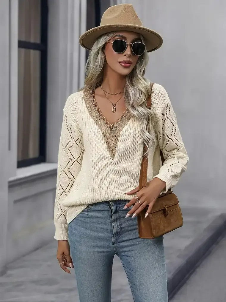 Women's Lace Trim V-Neck Sweater