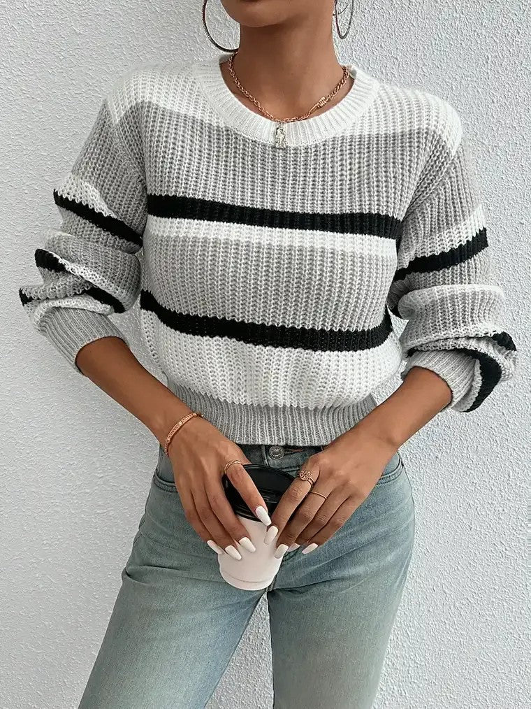 Women's Lantern Sleeves Cropped Striped Sweater
