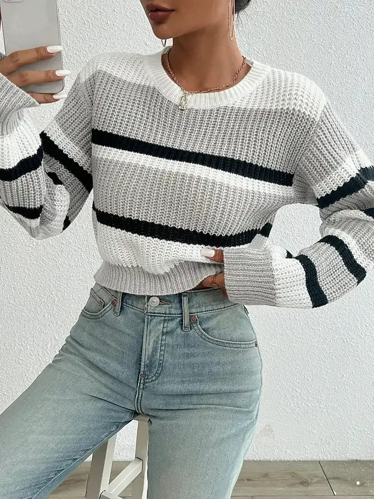 Women's Lantern Sleeves Cropped Striped Sweater