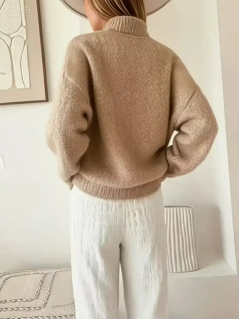 Women's Mock Turtleneck Sweater with Shoulder Button Accents