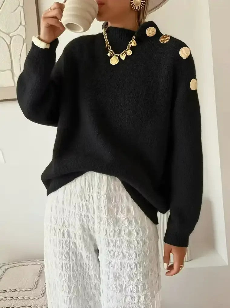 Women's Mock Turtleneck Sweater with Shoulder Button Accents