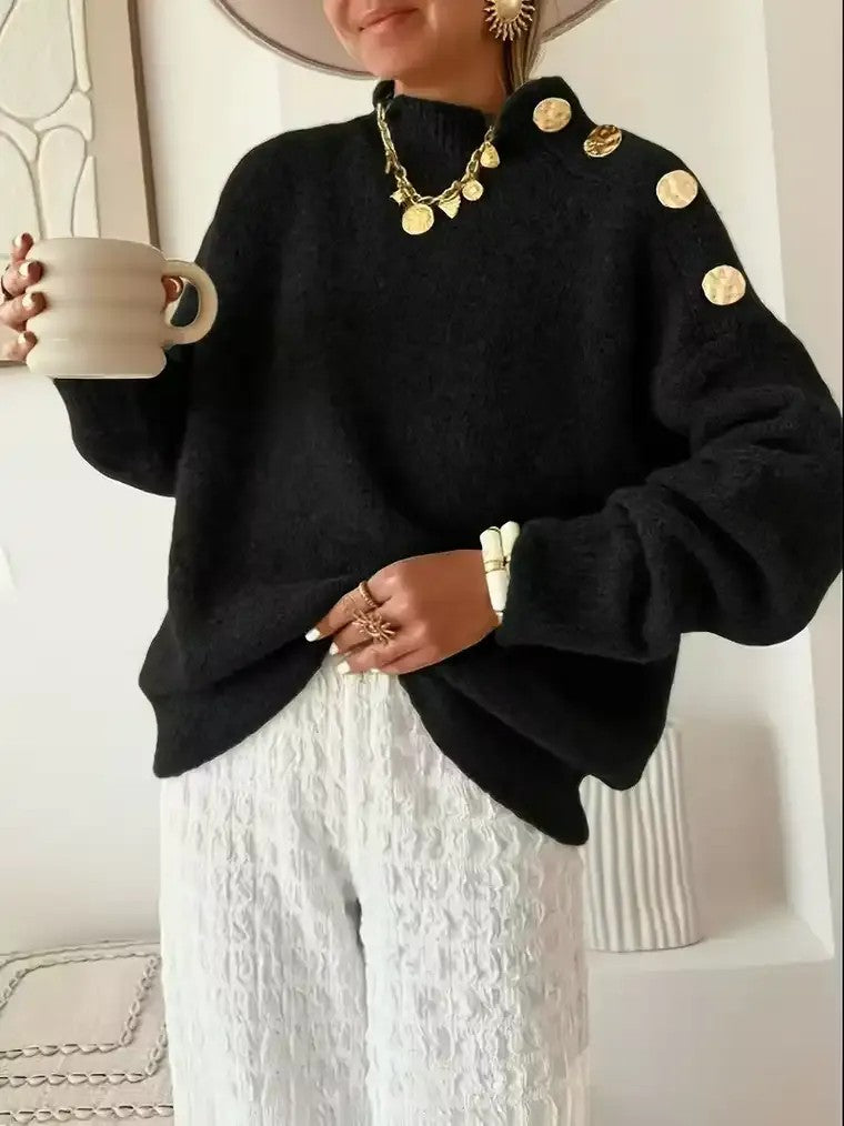 Women's Mock Turtleneck Sweater with Shoulder Button Accents