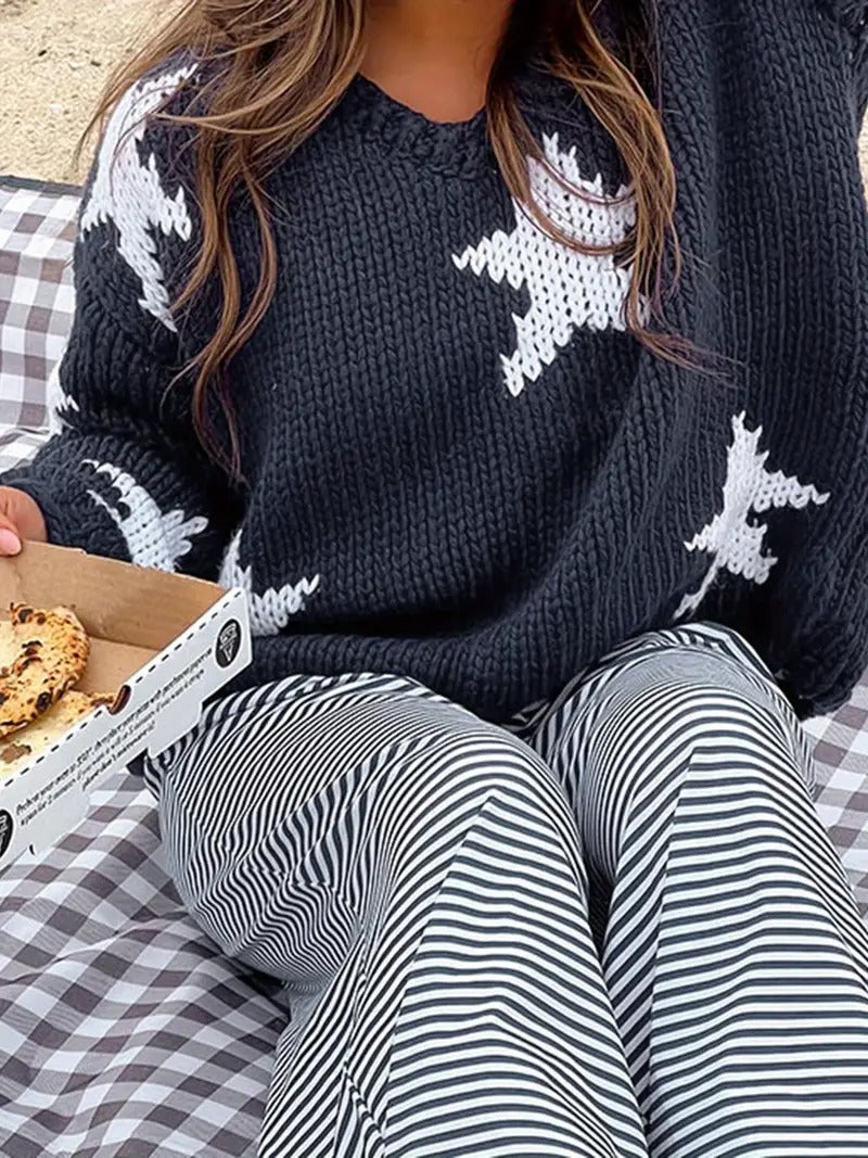 Women's Navy Blue Star Pattern Knit Sweater
