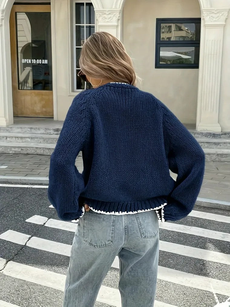 Women's Navy Blue V-neck Cardigan