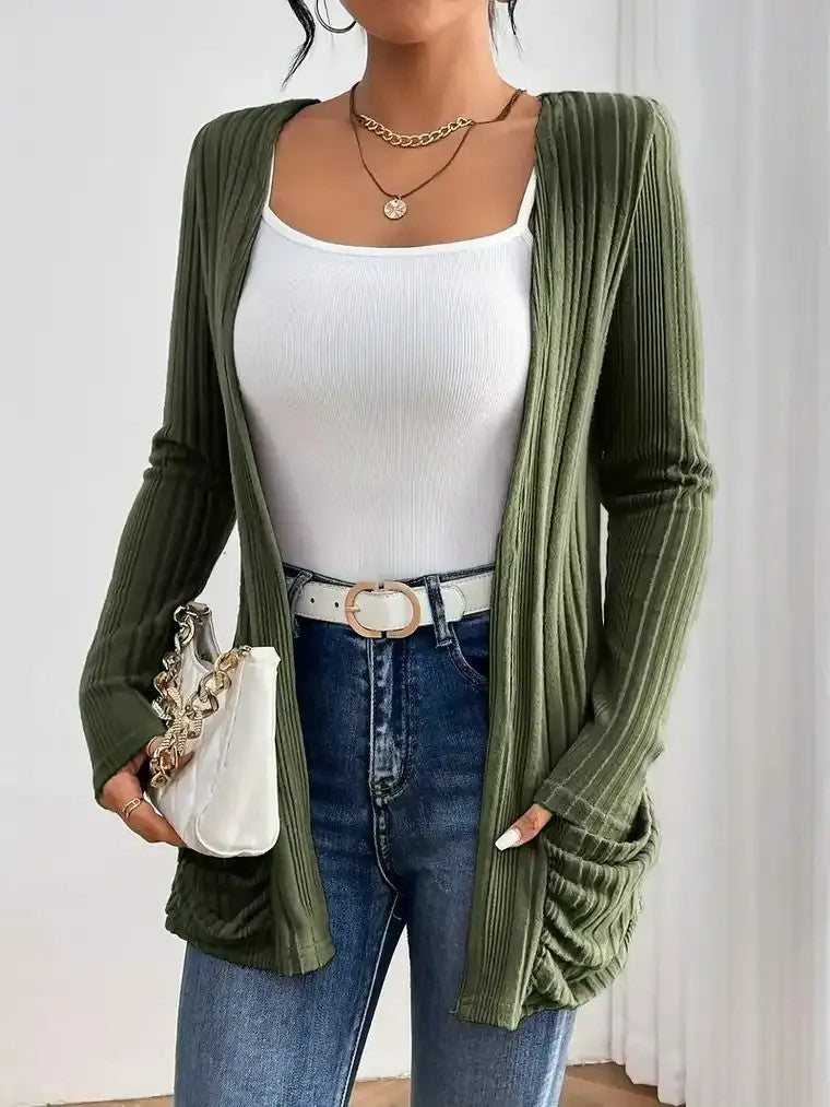 Women's Open-Front Cardigan with Ruched Pockets