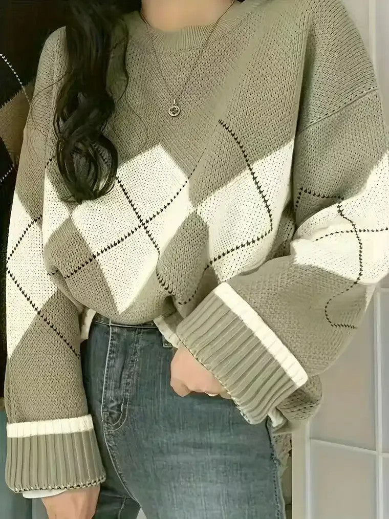 Women's Oversized Argyle Pattern Sweater