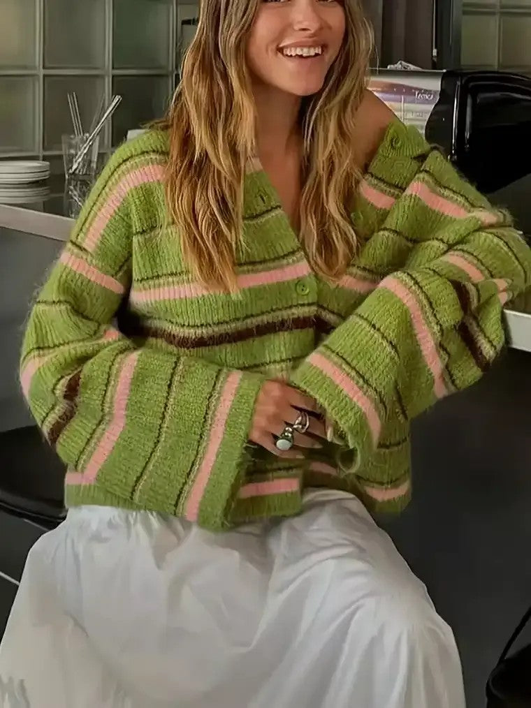 Women's Round Neck Button-Front Striped Cardigan