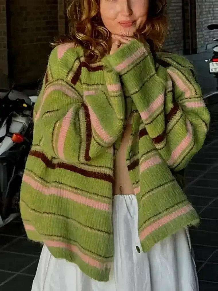 Women's Round Neck Button-Front Striped Cardigan