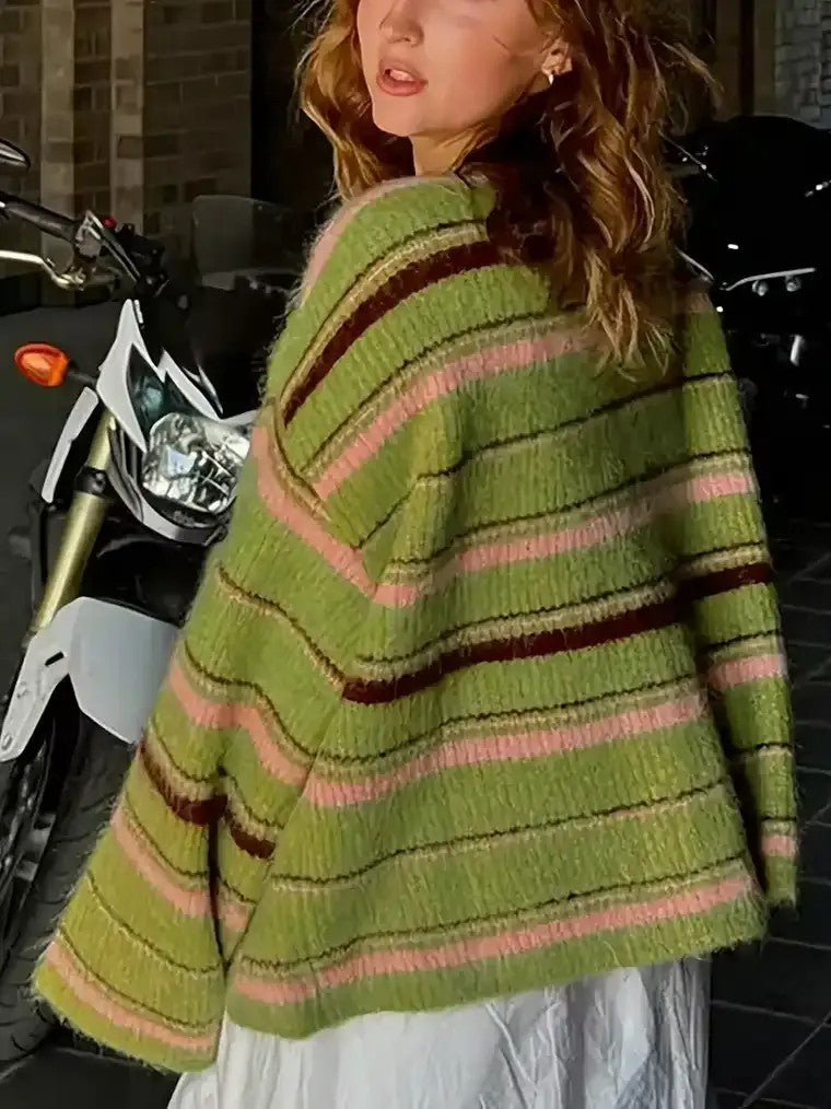 Women's Round Neck Button-Front Striped Cardigan