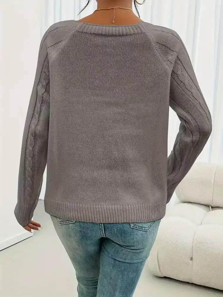 Women's Round Neck Sweater with Shoulder Buttons