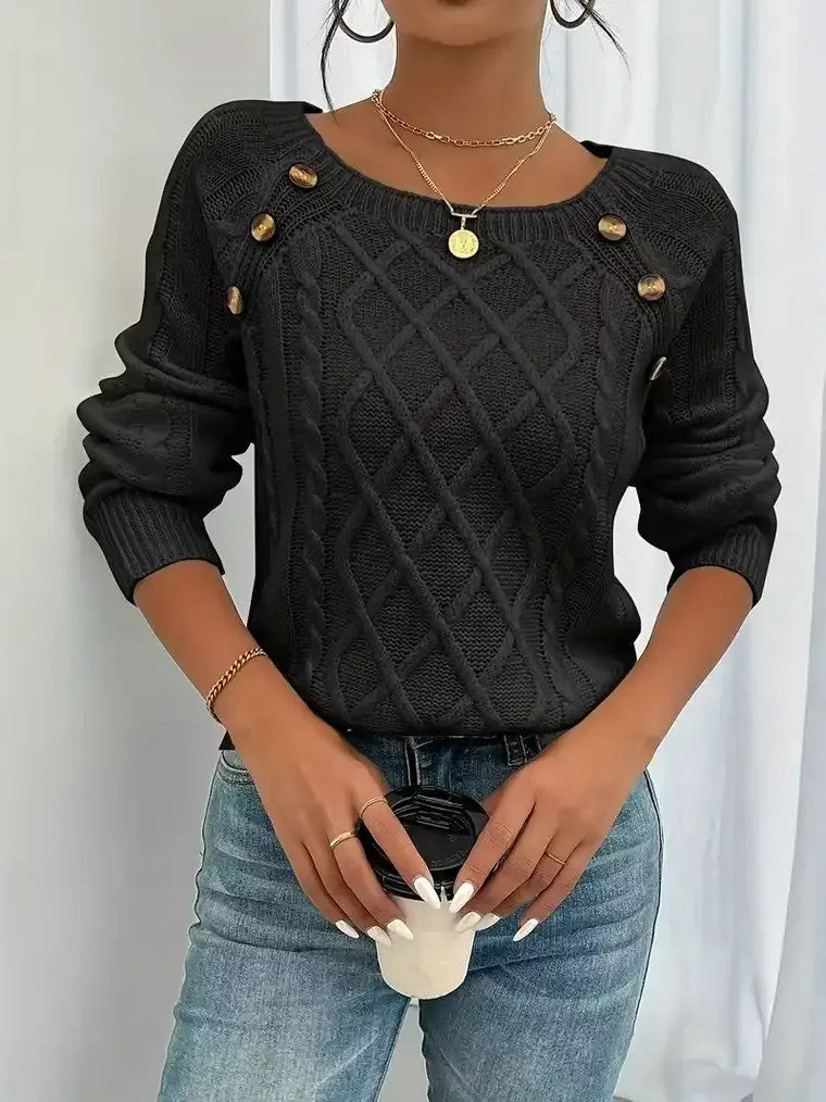 Women's Round Neck Sweater with Shoulder Buttons