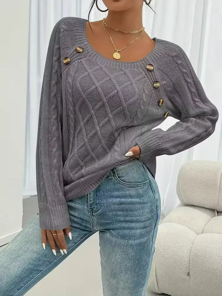 Women's Round Neck Sweater with Shoulder Buttons