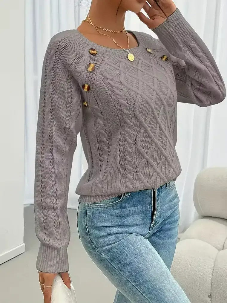 Women's Round Neck Sweater with Shoulder Buttons