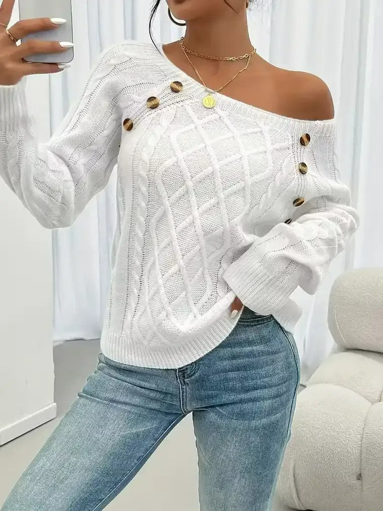 Women's Round Neck Sweater with Shoulder Buttons