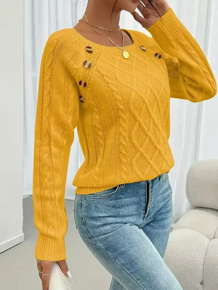 Women's Round Neck Sweater with Shoulder Buttons