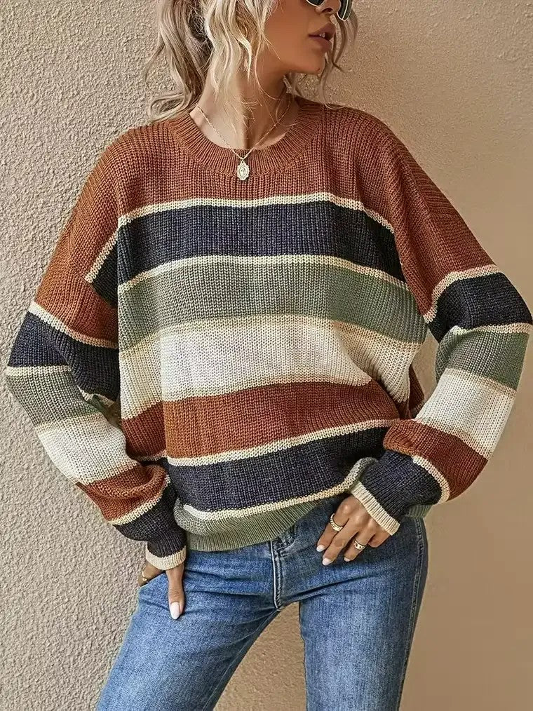 Women's Striped Colour-Block Crewneck Sweater