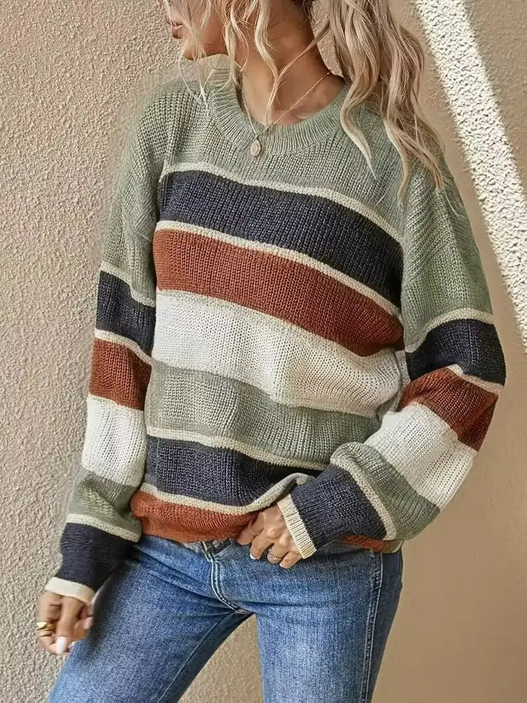 Women's Striped Colour-Block Crewneck Sweater