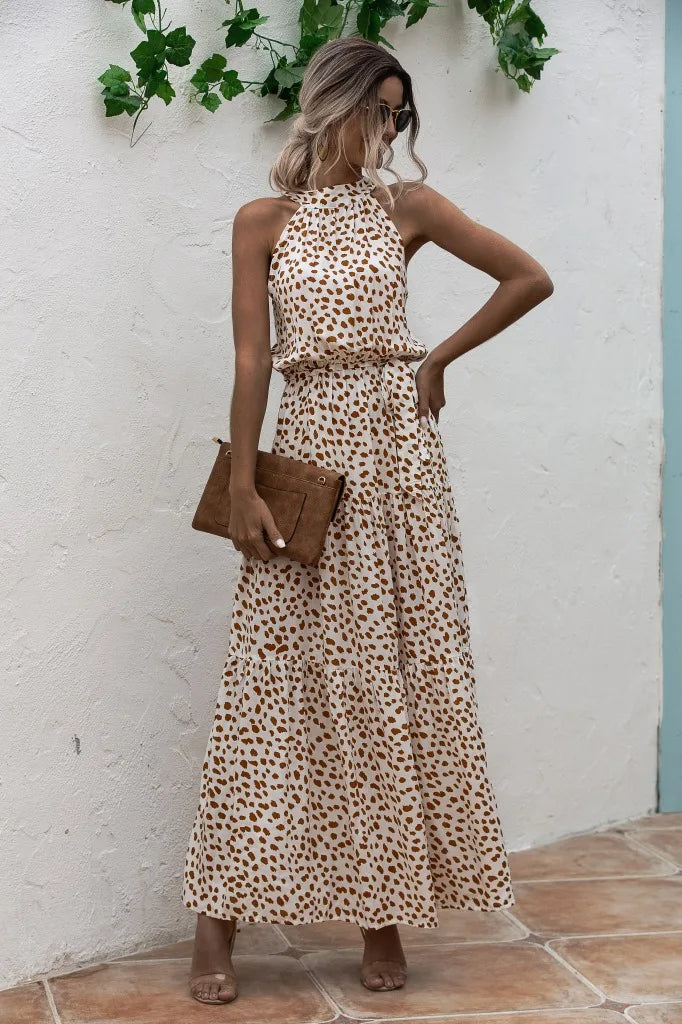 Women's Summer Printed Dress with Halter Neck and Tie Knot Belt