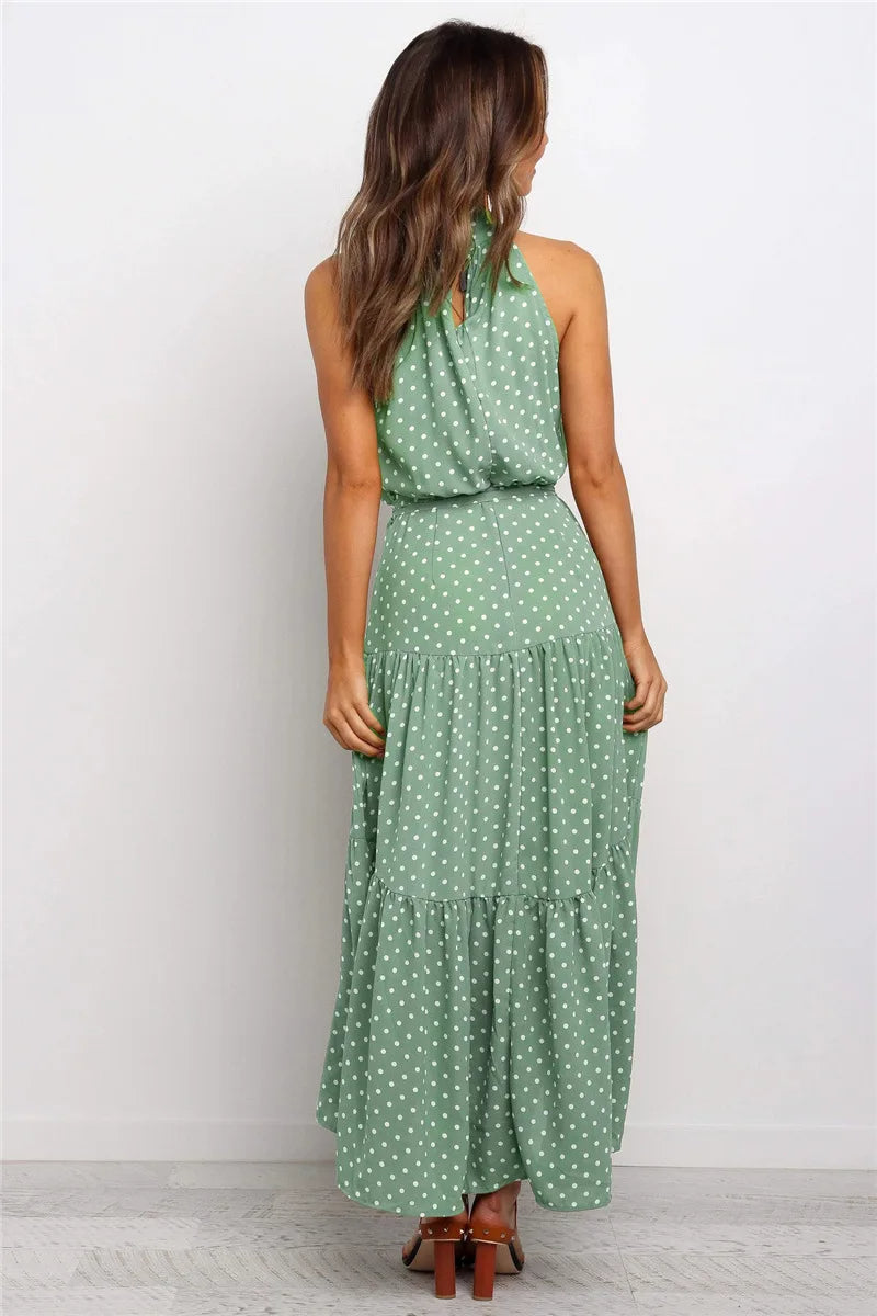 Women's Summer Printed Dress with Halter Neck and Tie Knot Belt