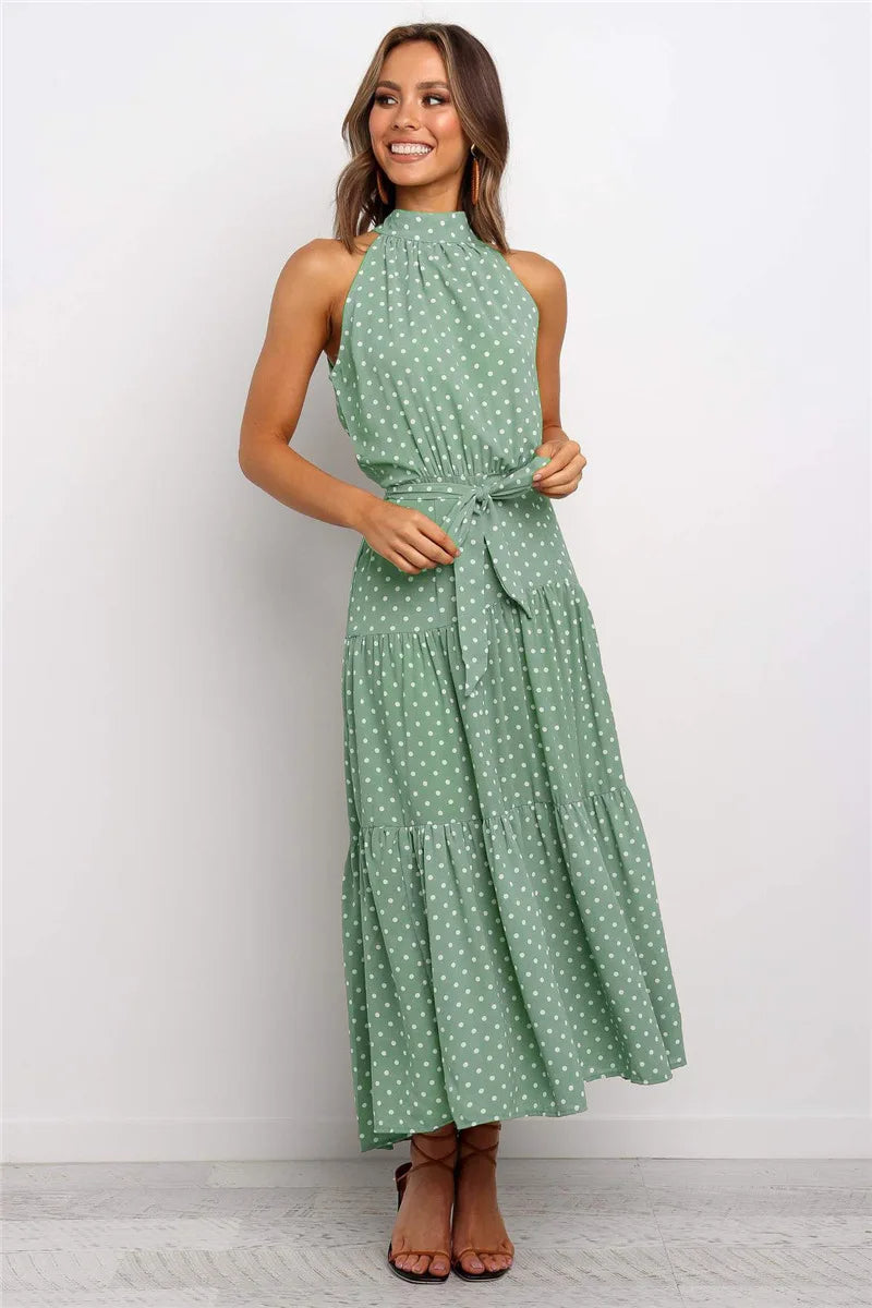 Women's Summer Printed Dress with Halter Neck and Tie Knot Belt