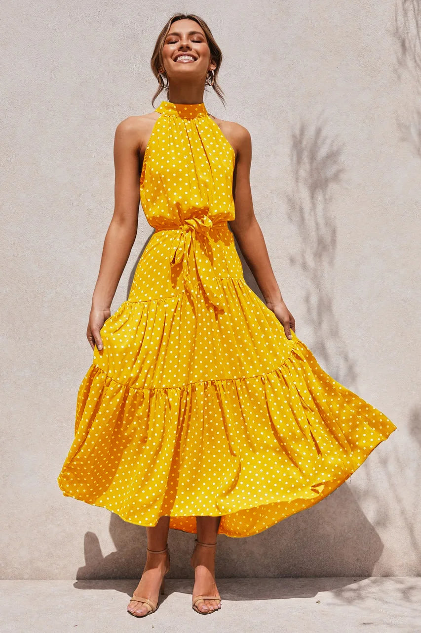 Women's Summer Printed Dress with Halter Neck and Tie Knot Belt