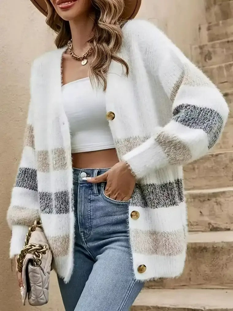 Women's Textured Colour-Block Knit Cardigan