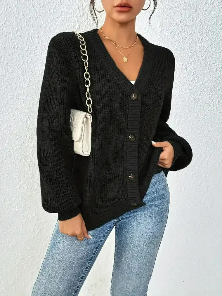Women's  V-neck Ribbed Knit Cardigan with Balloon Sleeves