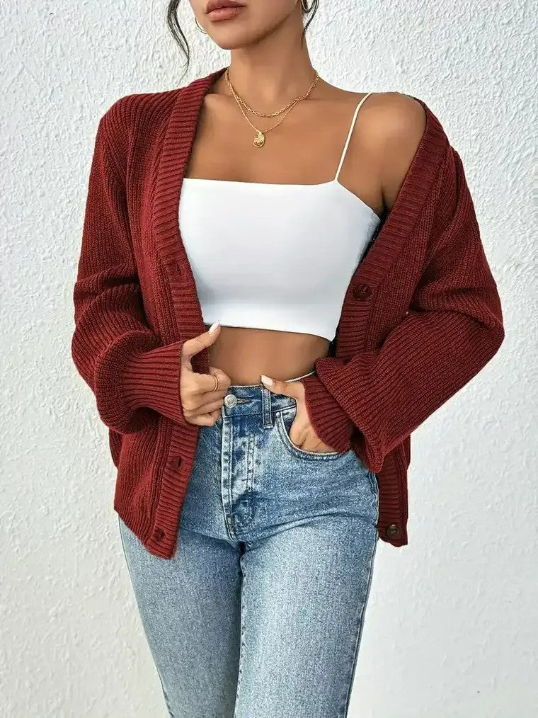 Women's  V-neck Ribbed Knit Cardigan with Balloon Sleeves