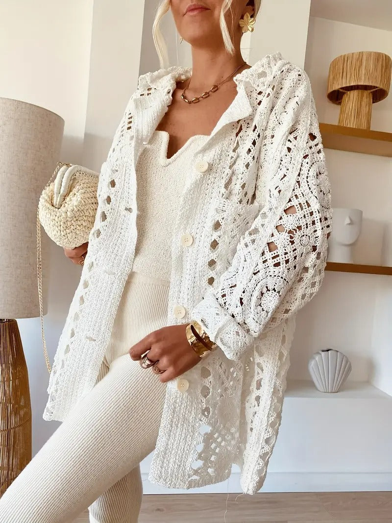 Women's White Crochet Open-Knit Cardigan