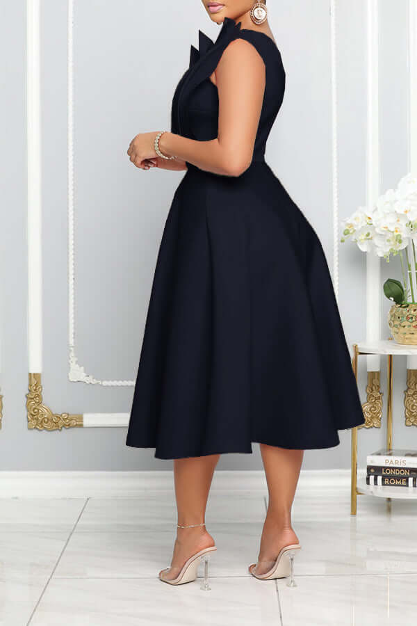 Women's Sleeveless Midi Dress with Pleated Bodice and Asymmetrical Shoulder