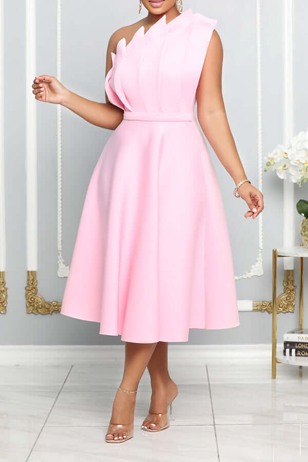 Women's Sleeveless Midi Dress with Pleated Bodice and Asymmetrical Shoulder