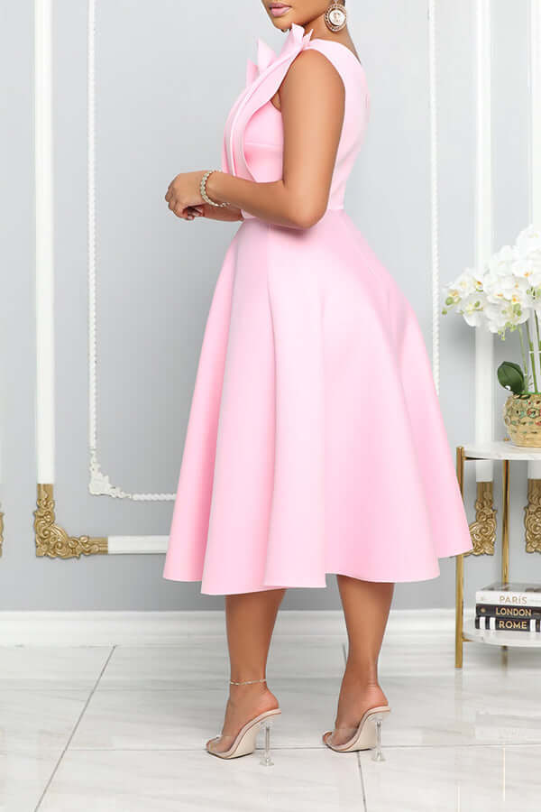 Women's Sleeveless Midi Dress with Pleated Bodice and Asymmetrical Shoulder