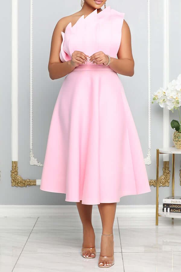 Women's Sleeveless Midi Dress with Pleated Bodice and Asymmetrical Shoulder