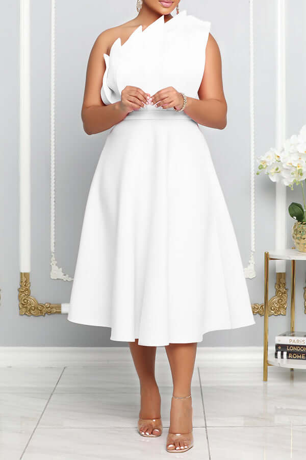 Women's Sleeveless Midi Dress with Pleated Bodice and Asymmetrical Shoulder