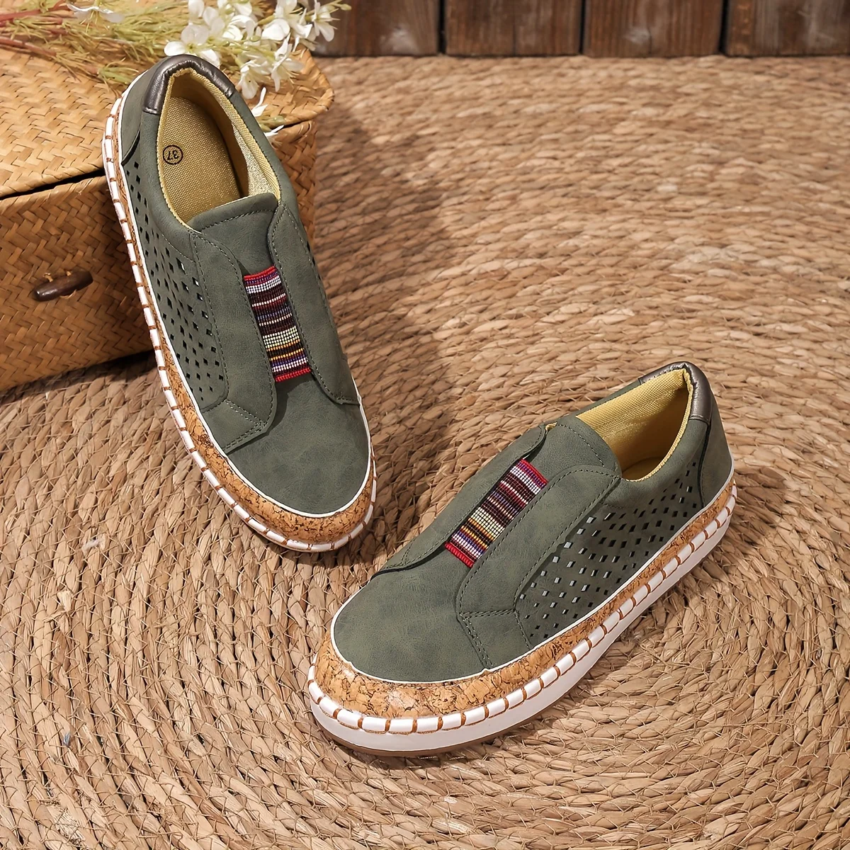 Women's Slip-On Loafers with Multicolor Elastic Band and Perforated Detail