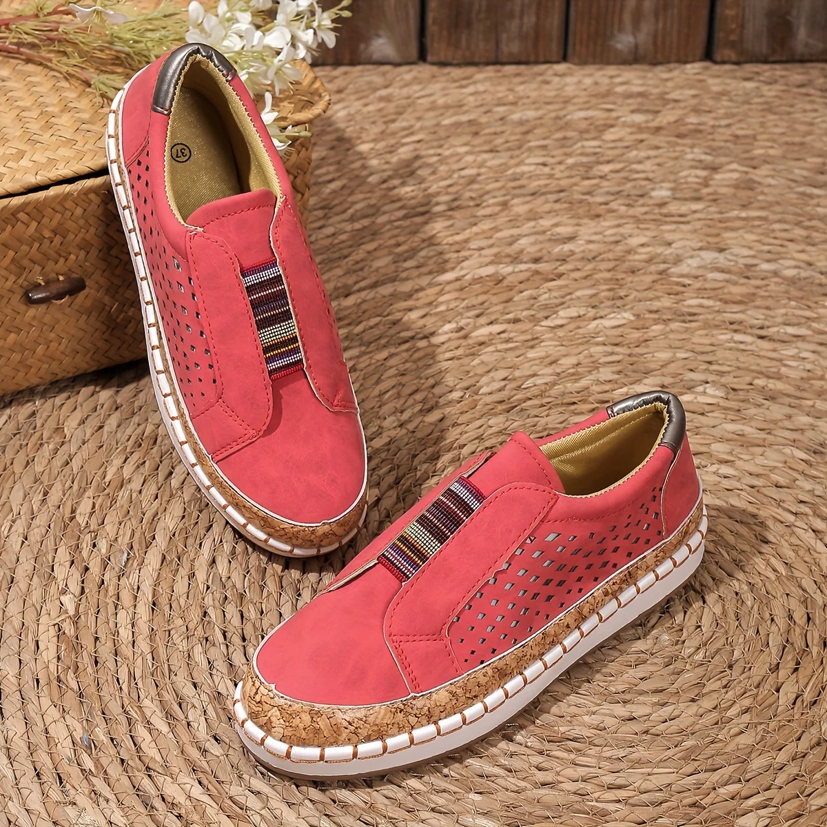 Women's Slip-On Loafers with Multicolor Elastic Band and Perforated Detail