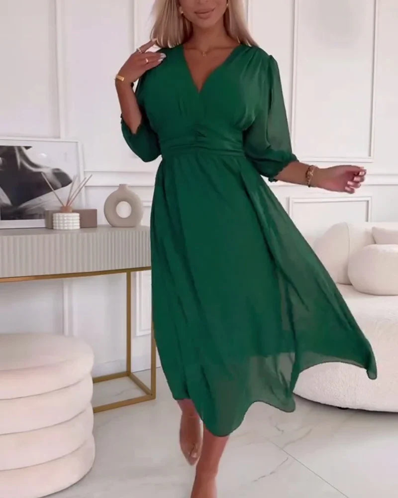 Women's Summer Midi Dress with Puff Sleeves and V-neckline