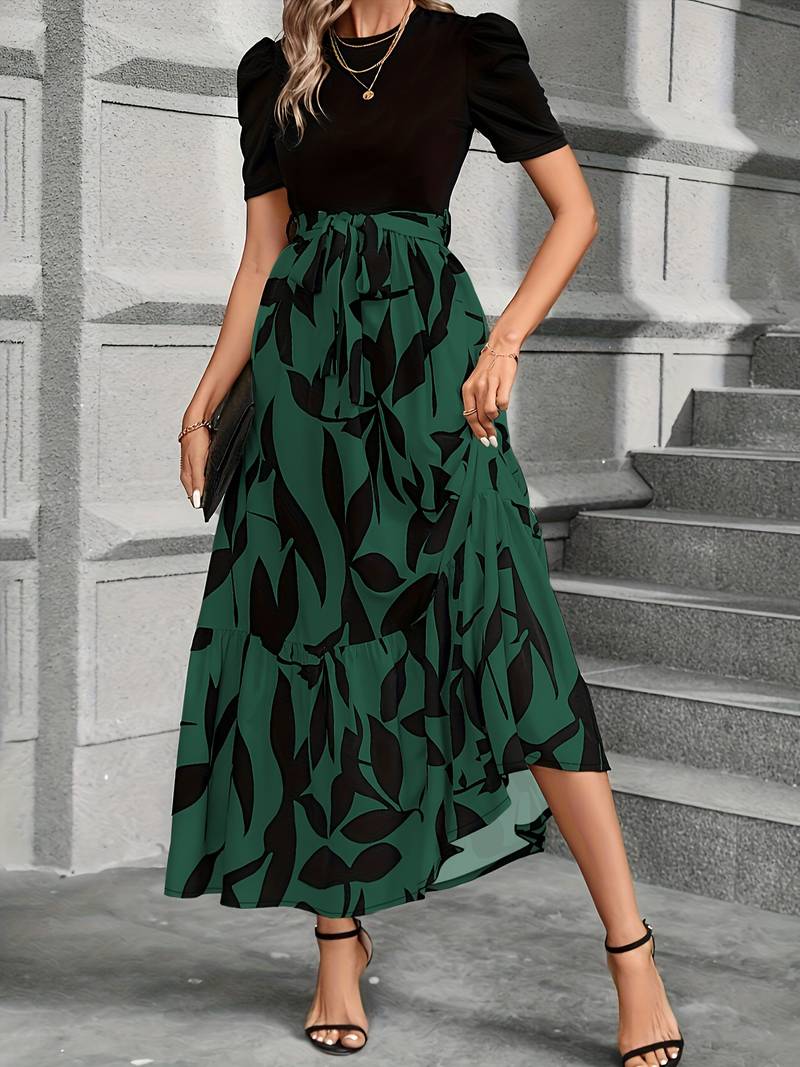 Women's Short Sleeve Dress with Leaf Print Skirt and Belt